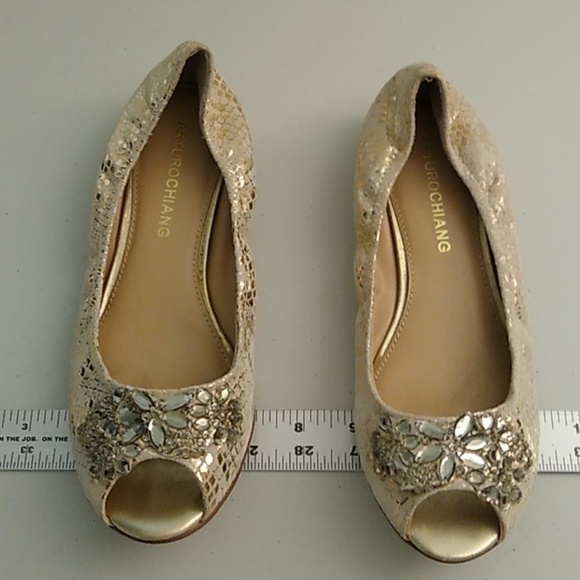 ARTURO CHANG GOLD & CREAM LEATHER SNAKE BALLET FLATS WITH RHINSTONES - Picture 12 of 14